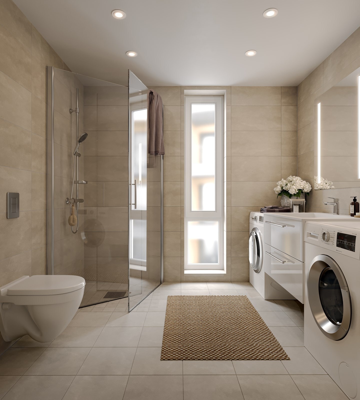 Illustrasjon av bad (fra rekkehus). Badene leveres flislagte med god standard. Galleribilde