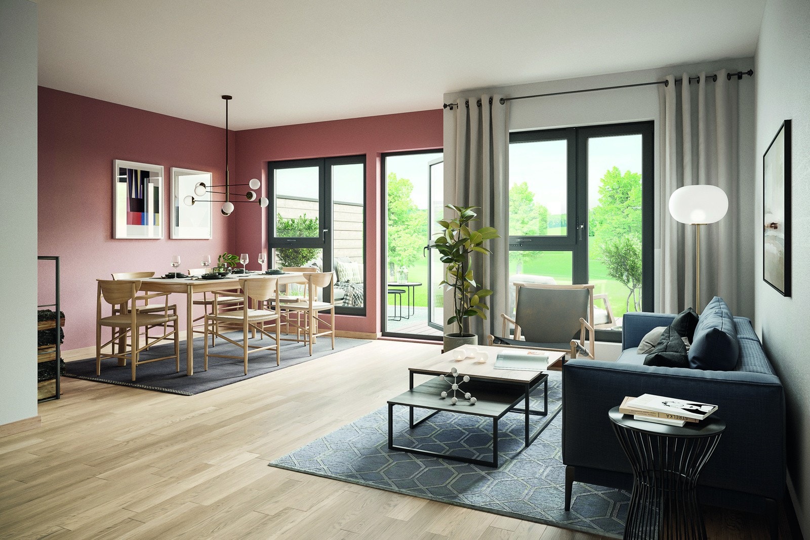 Mye lys fra store glassflater. Boligene leveres komplett med peisovn og lekker parkett Galleribilde