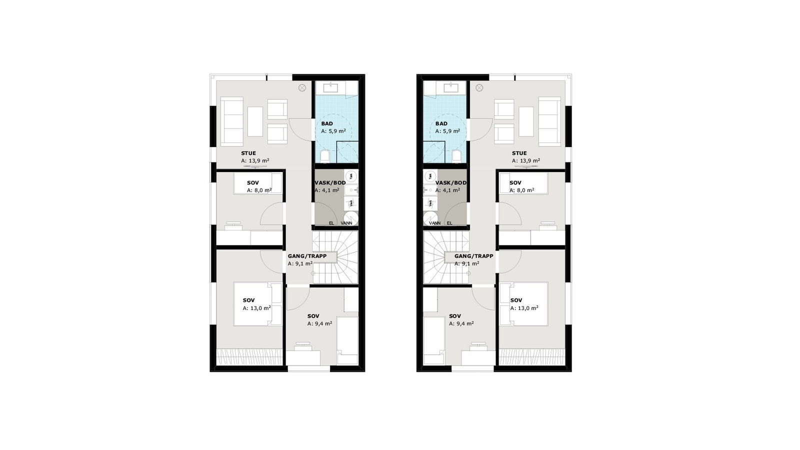 Plantegning 2. etasje, venstre er bolig a (sør), høyre er bolig b (nord). Galleribilde
