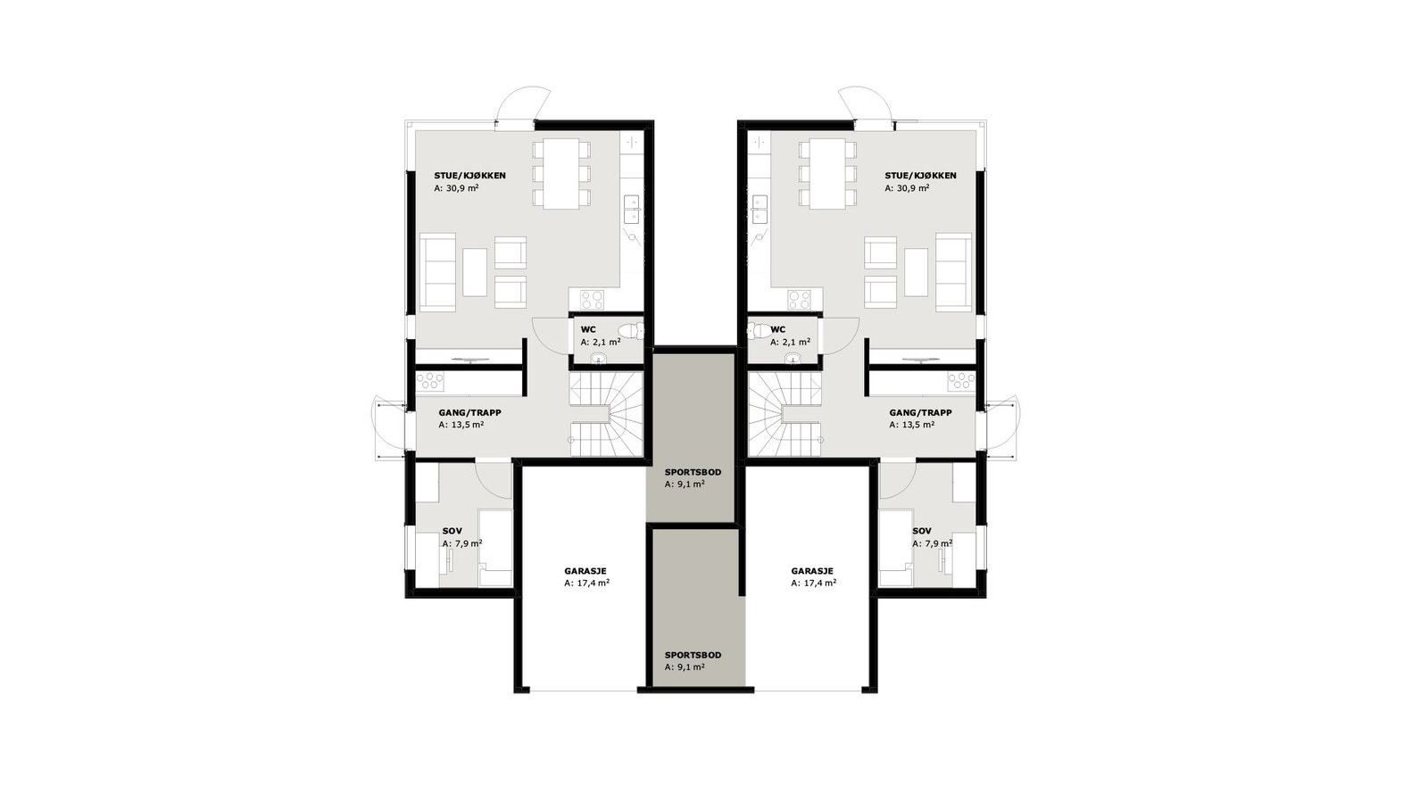 Plantegning 1. etasje, venstre er bolig a (sør), høyre er bolig b (nord). Galleribilde