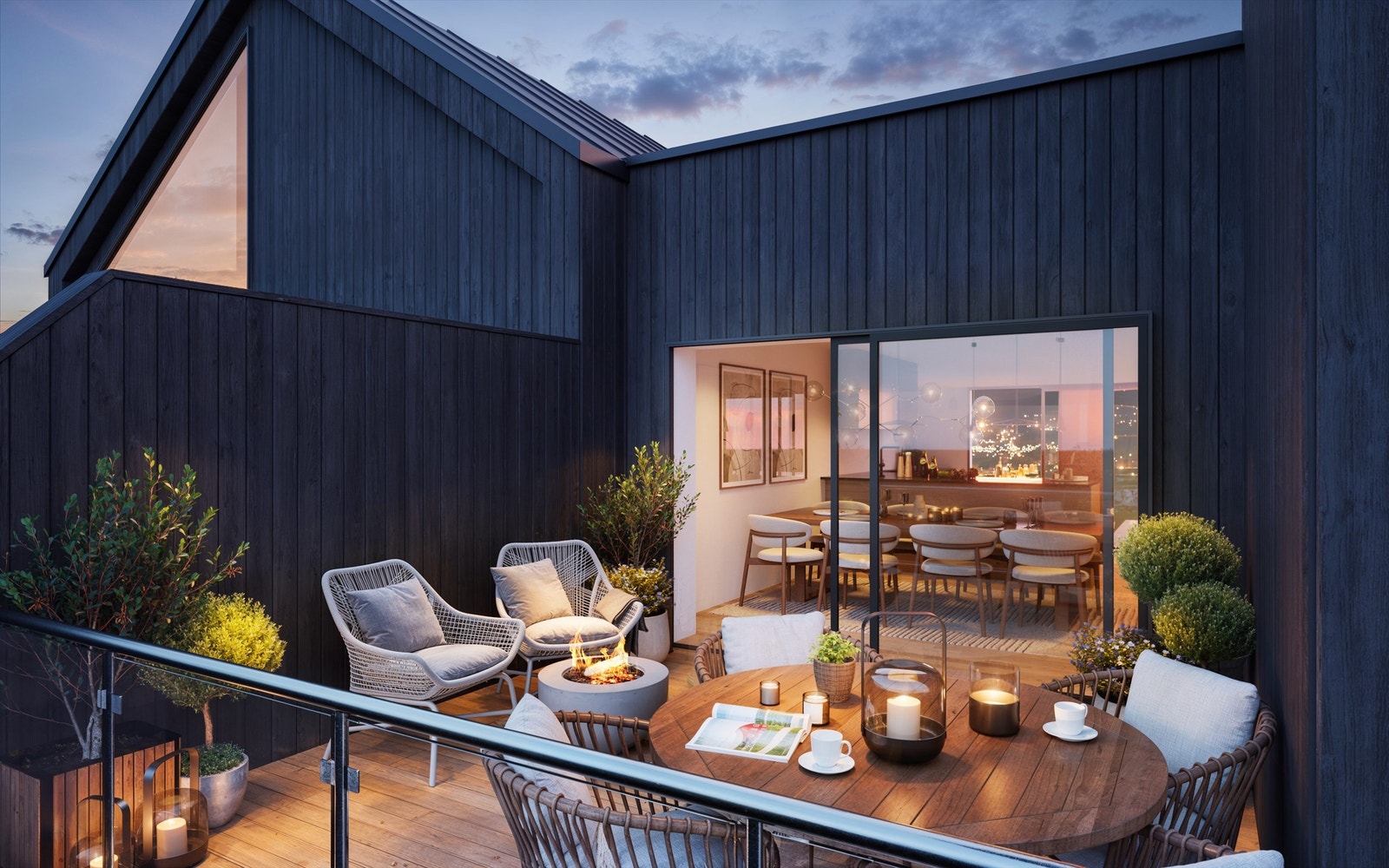 Romslig balkong over carport med gode sol- og utsiktsforhold. Balkongen til bolig A vil være sørvestvendt og balkongen til bolig B sørøstvendt. Galleribilde