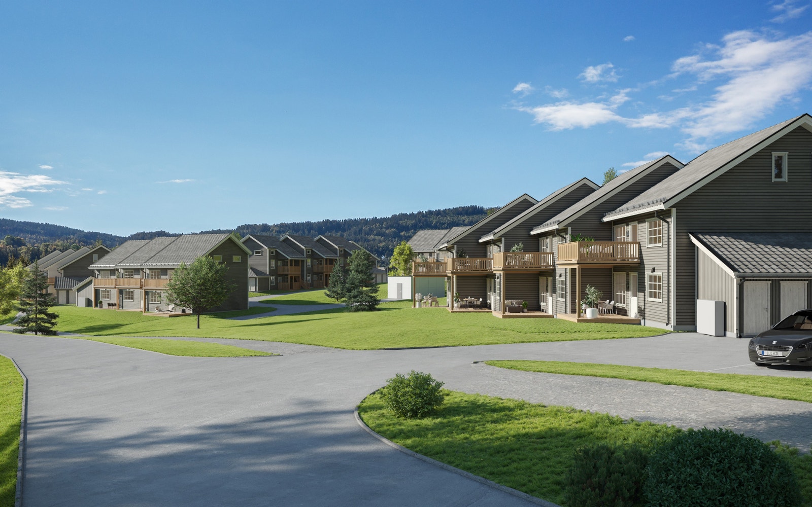 Leilighetene har solrik beliggenhet med balkonger som er forskyvet sideveis, slik at man sitter usjenert på balkongen sin. Galleribilde