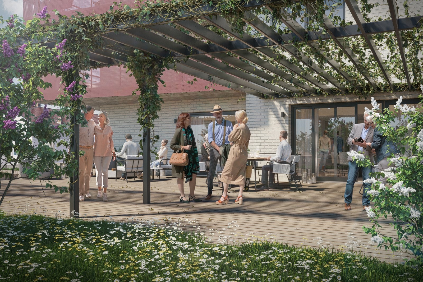 Flotte uteområder på fellesterrassen - skyvedører inn til kjøkken og felleslokalene. Illustrasjon Galleribilde