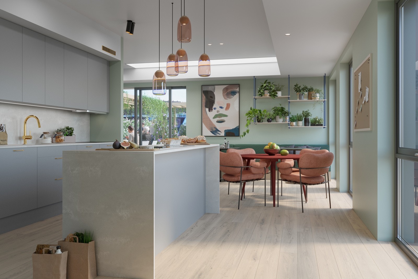 I felleslokalene har man og mulighet til både å lage mat og å spise sammen med andre. Illustrasjon. Galleribilde