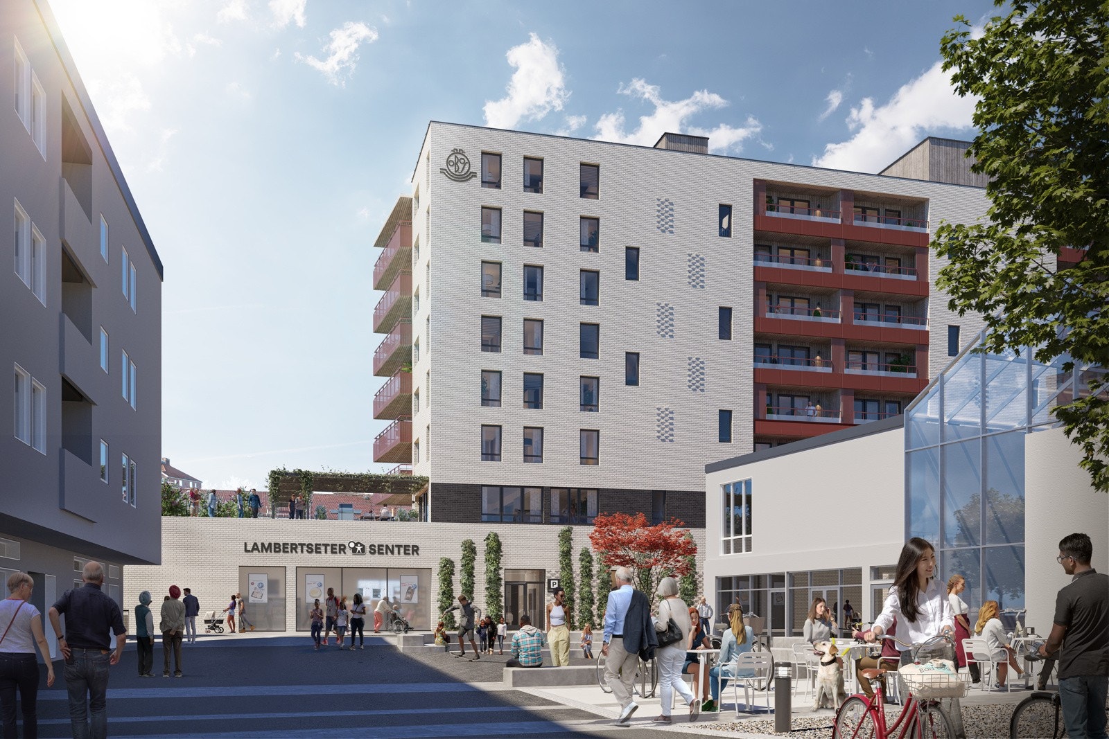 Velkommen til Bølgelengden. Her er det tilrettelagt for seniorer. Det blir næringslokaler med blant annet dagligvare på bakkeplan. Boliger fra 2. til 8. etasje. Illustrasjon Galleribilde