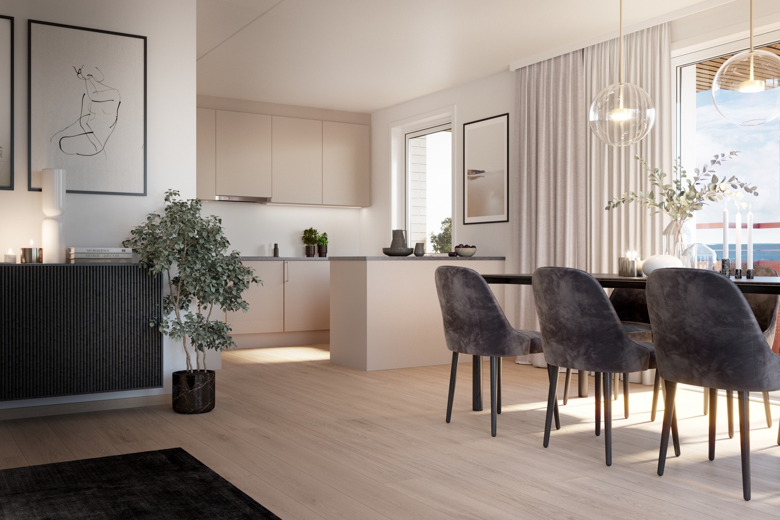 Pene og praktiske kjøkken fra HTH i alle leiligheter. Illustrasjon. Galleribilde