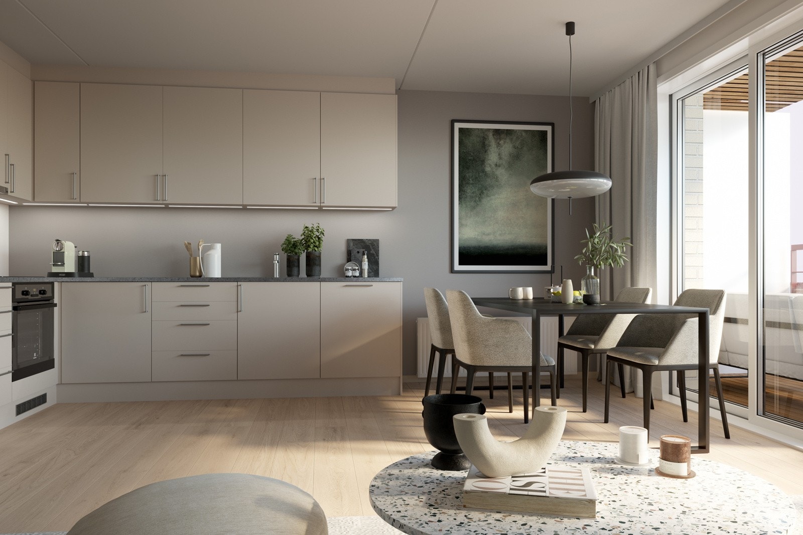 Lekkert HTH-kjøkken med integrerte hvitevarer som inkluderer steketopp ( induksjon ), stekeovn, oppvaskmaskin og kombiskap med kjøleskap og fryser. Illustrasjon Galleribilde