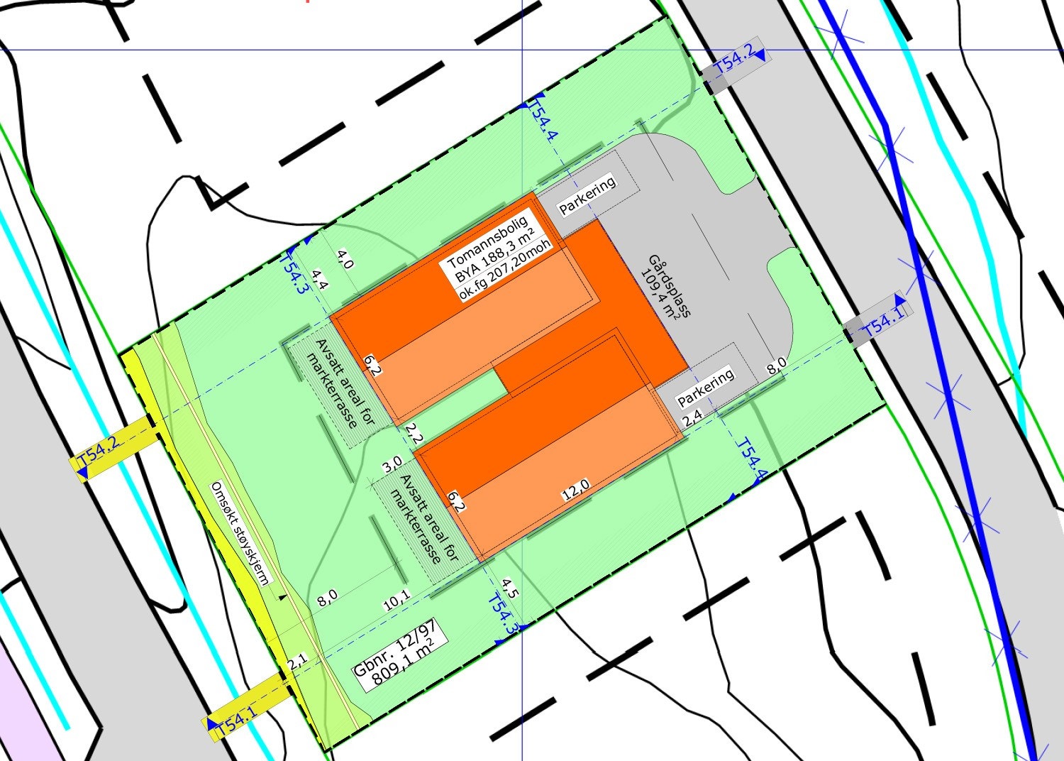 Situasjonskart som viser tomten for begge boligene. Tomt 54 Galleribilde