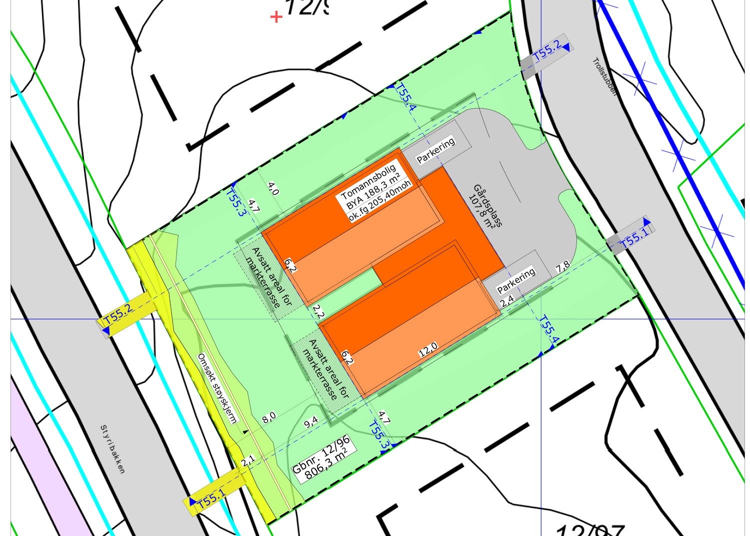 Situasjonskart som viser tomten for begge boligene. Tomt 55 Galleribilde