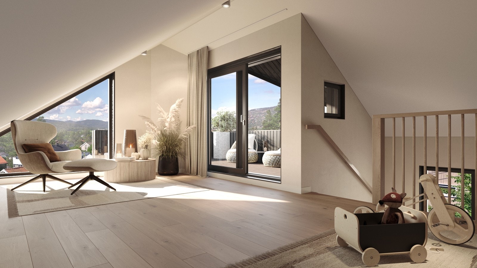 Loftsstue med utgang til sydvestvendt takterrasse. Galleribilde