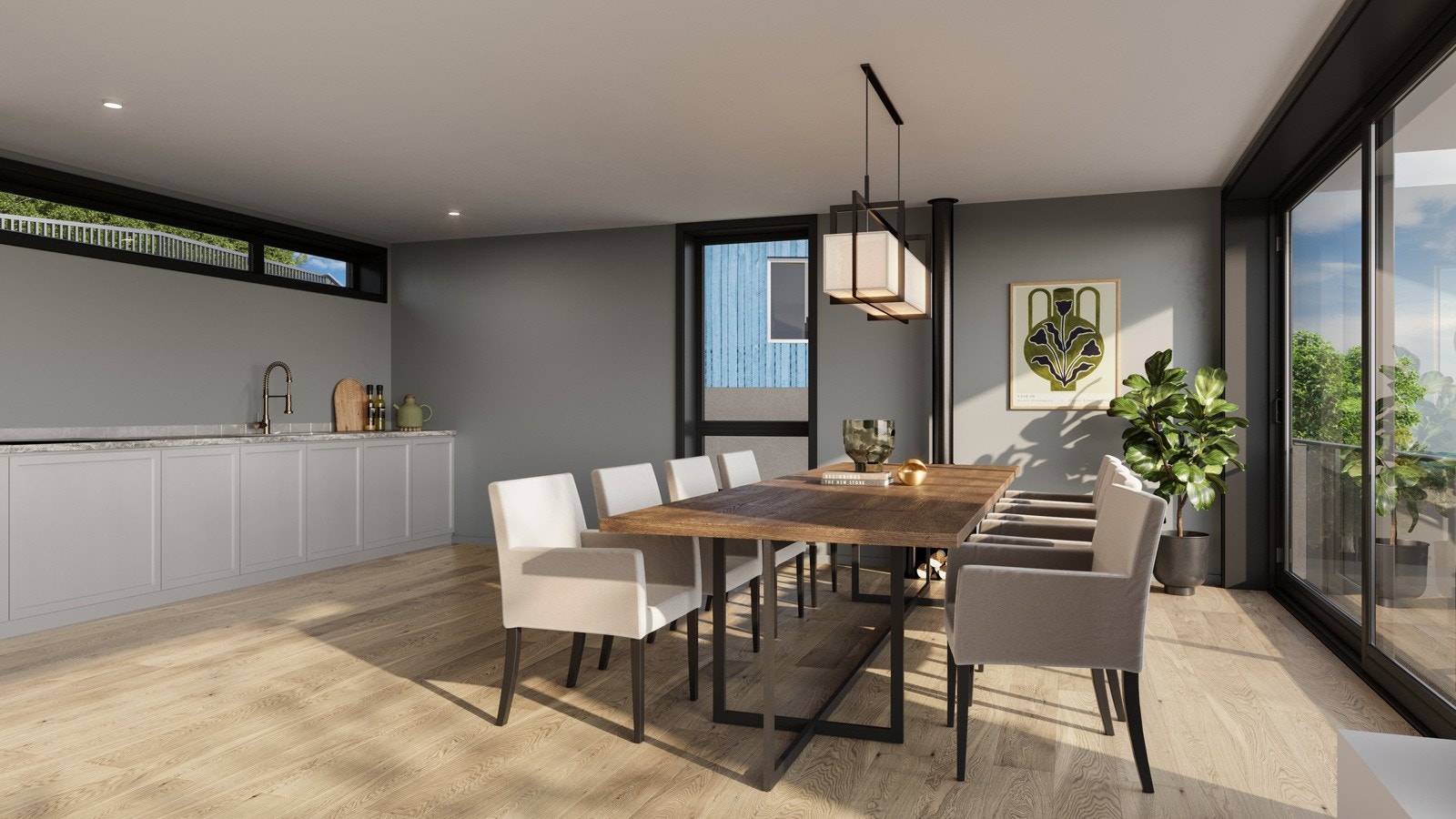 Det blir flotte, store rom som stue og kjøkken i åpen løsning, på ca hele 54 kvm - Illustrasjon er av illustrativ karakter og angir nødvendigvis ikke korrekt gjengivelse av elementer i boligene. Galleribilde