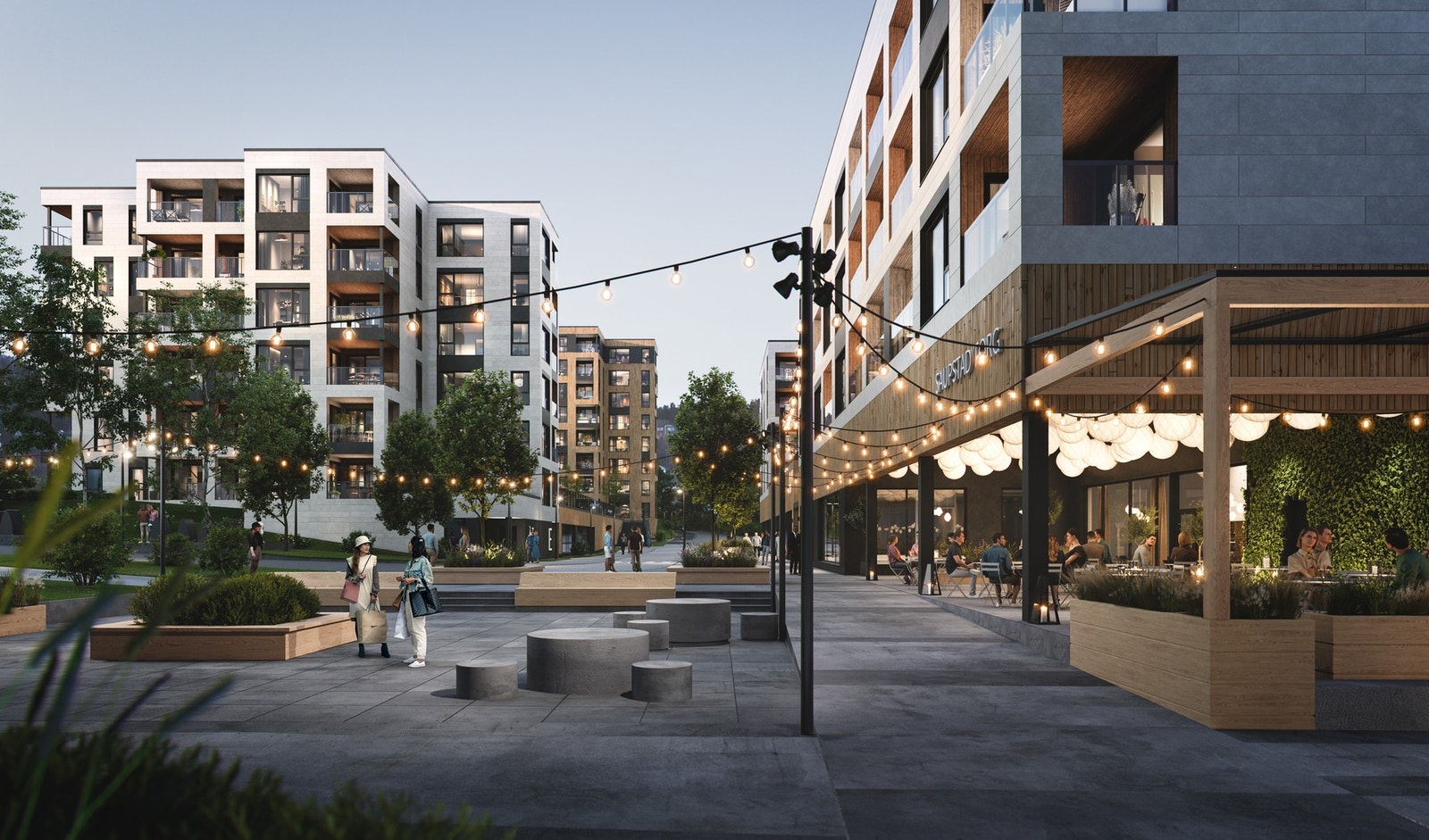 Med flotte leiligheter, uteservering i gågaten og trivelige, grønne uterom er Saupstad Torg et godt sted for å møtes - og leve. Rett og slett Trondheims nye pulserende bydel. Illustrasjon fasade. Avvik vil forekomme. Galleribilde