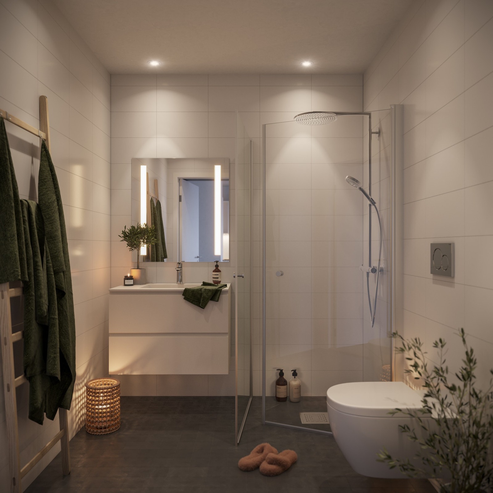 Delikat, flislagt bad med hvit innredning og dusjvegger i glass. Toalettet er vegghengt og speilet har integrert lys. Illustrasjon. Avvik vil forekomme. Galleribilde