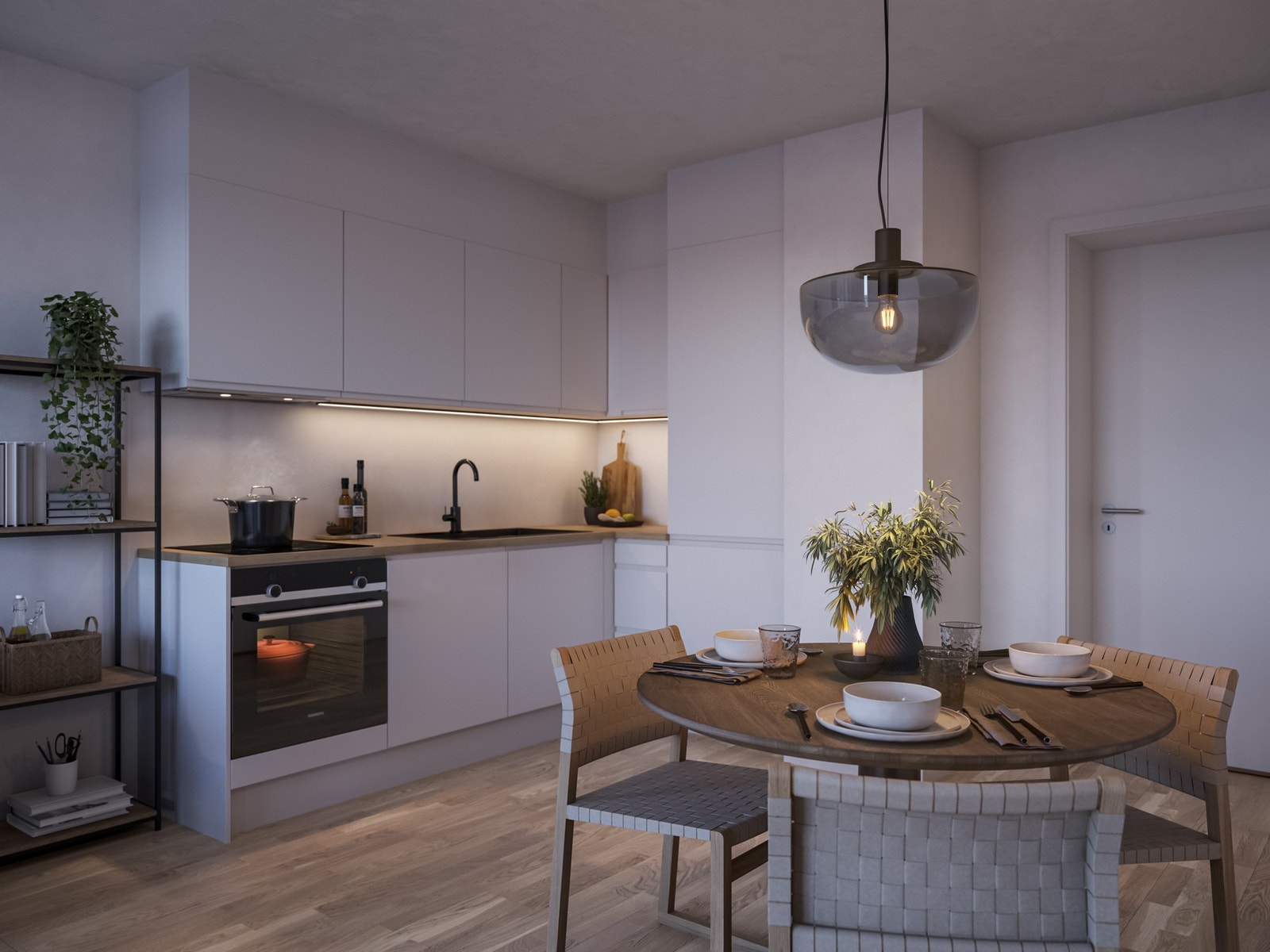 Lekkert kjøkken med integrerte hvitevarer. Illustrasjon. Avvik vil forekomme. Galleribilde