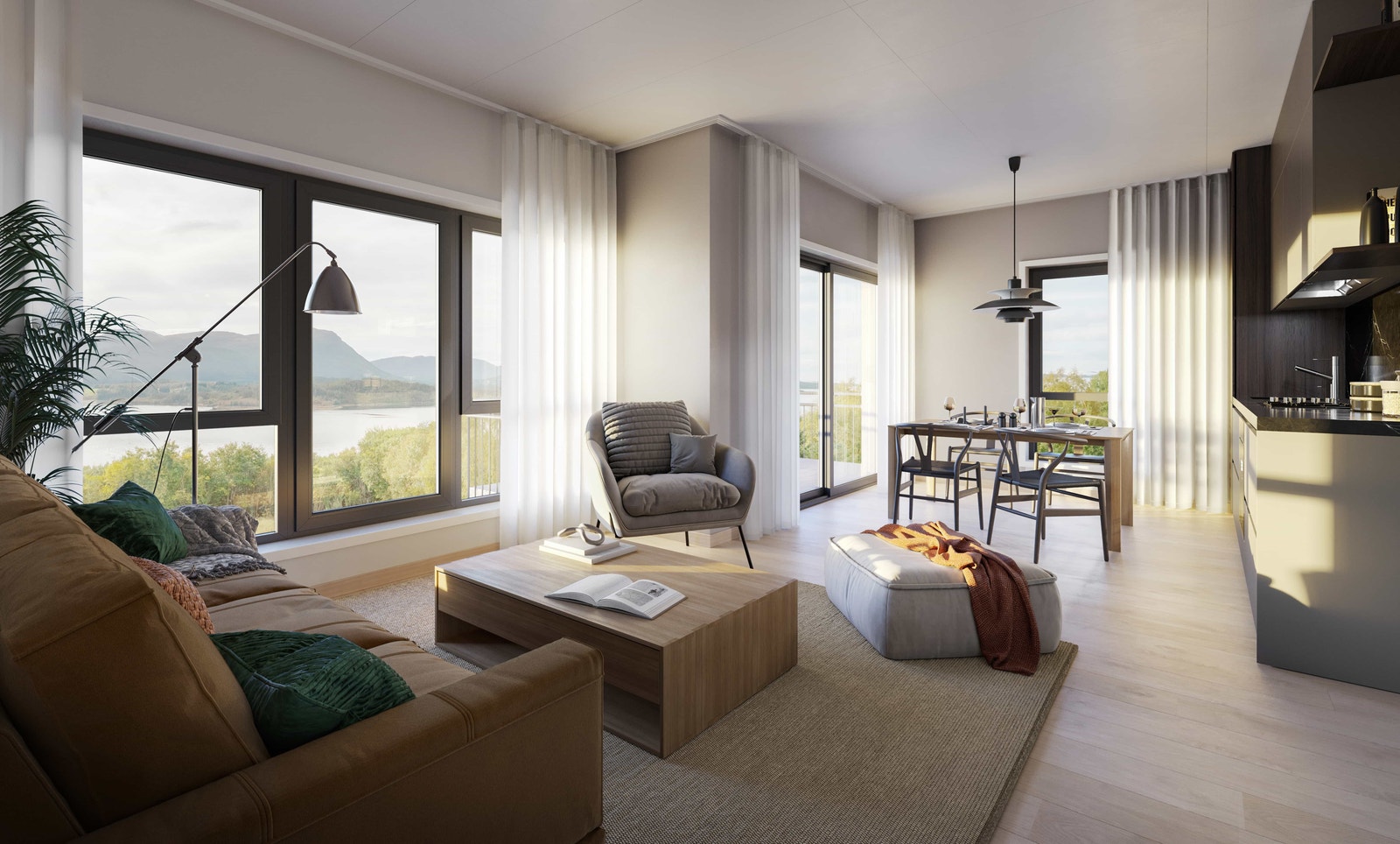 Illustrasjon av stue og kjøkken fra Hus 1. Avvik fra faktisk leveranse forekommer. Galleribilde