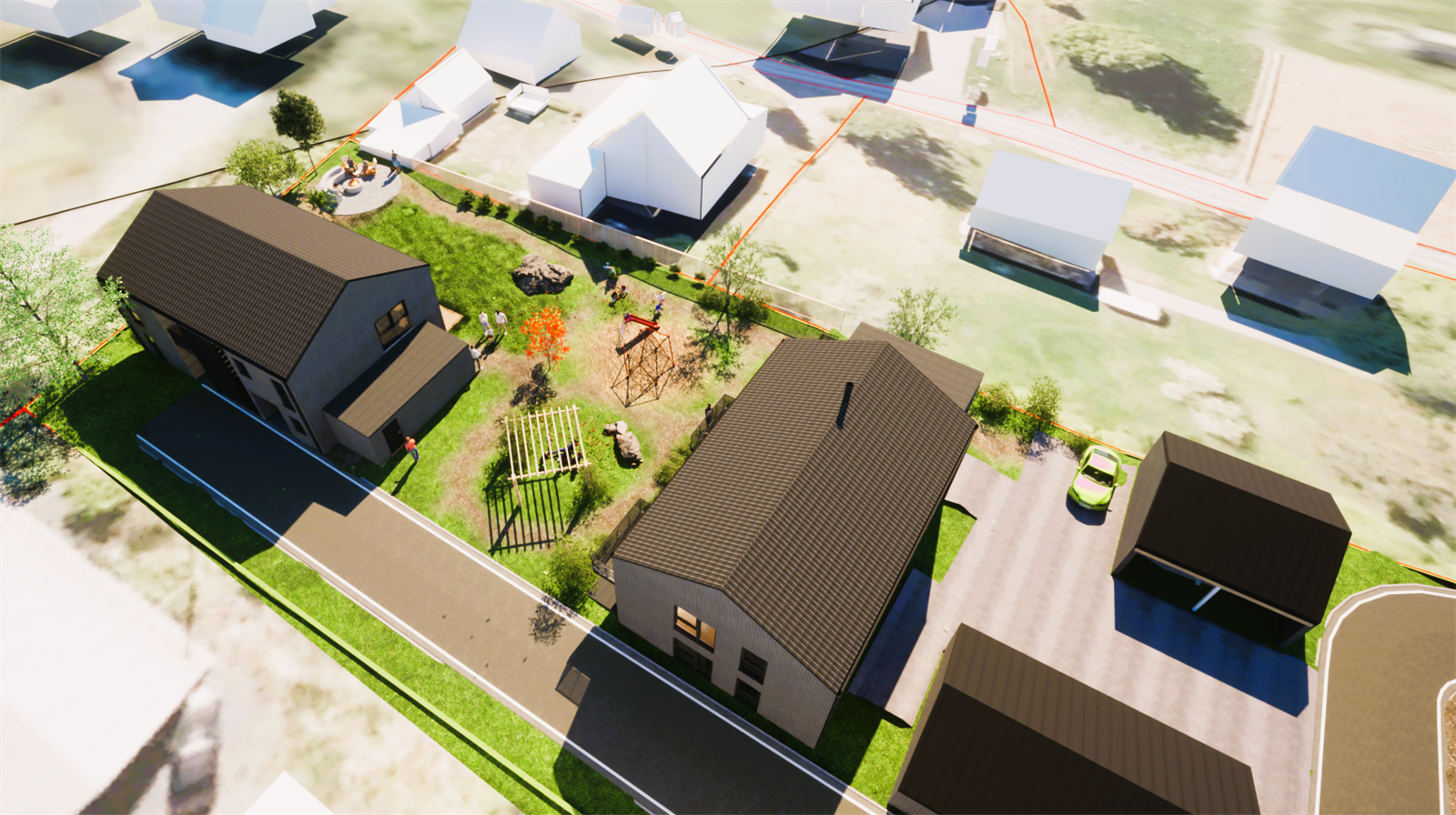 Østvollvegen har en fin beliggenhet med kort vei til skole og barnehage - Oversiktsbilde/situasjonsplan sett fra nordøst - Illustrasjon og avvik kan forekomme Galleribilde