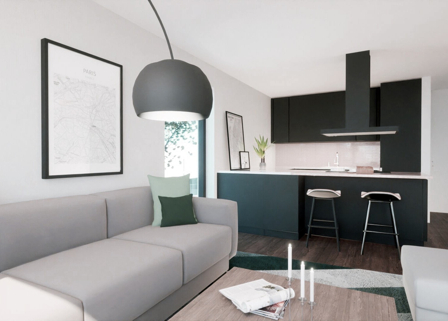 Stue med åpen løsning til kjøkken - Illustrasjon og avvik kan forekomme Galleribilde