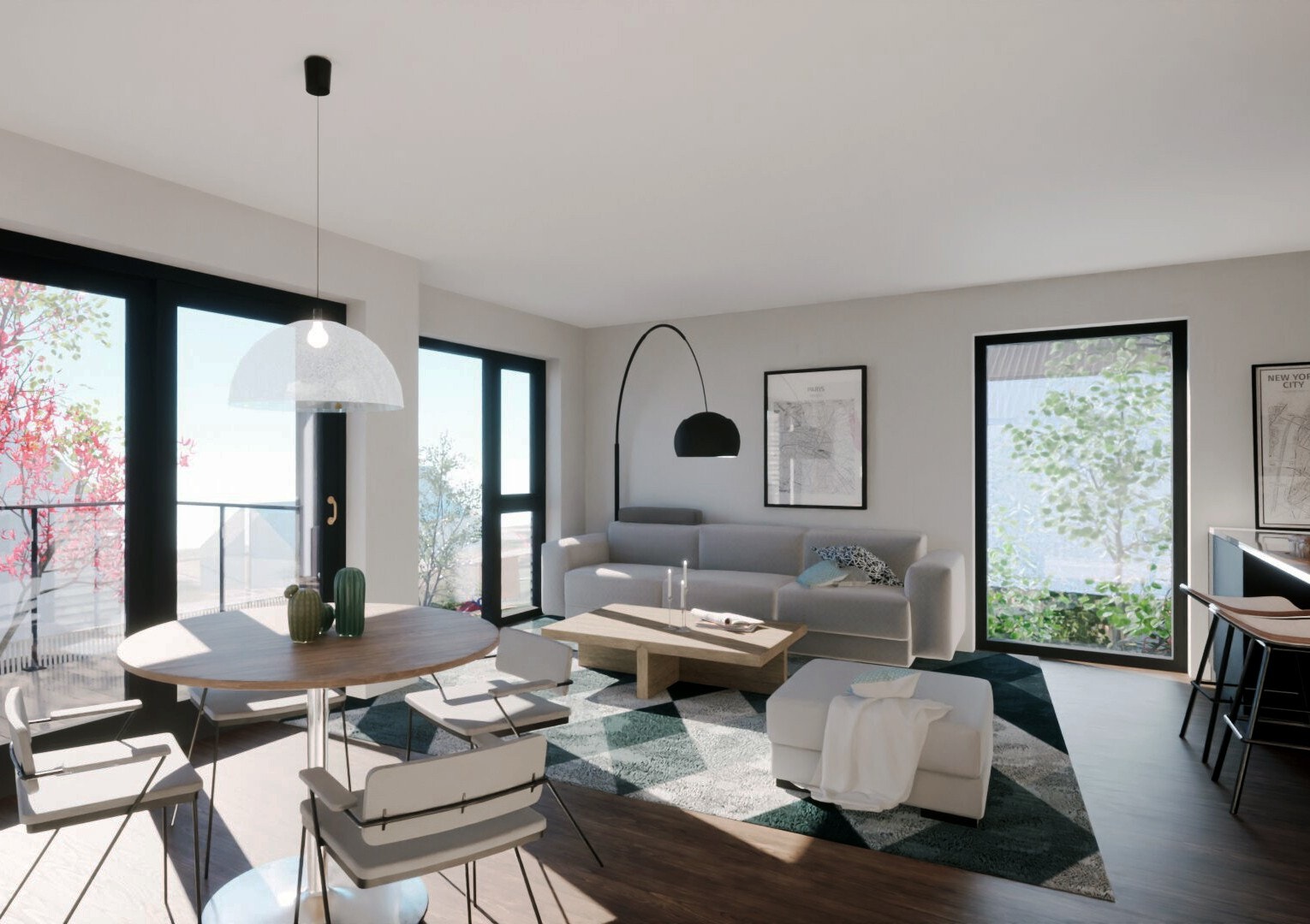 Innbydende og lys stue med åpen løsning til kjøkken og utgang til balkong - Illustrasjon og avvik kan forekomme Galleribilde