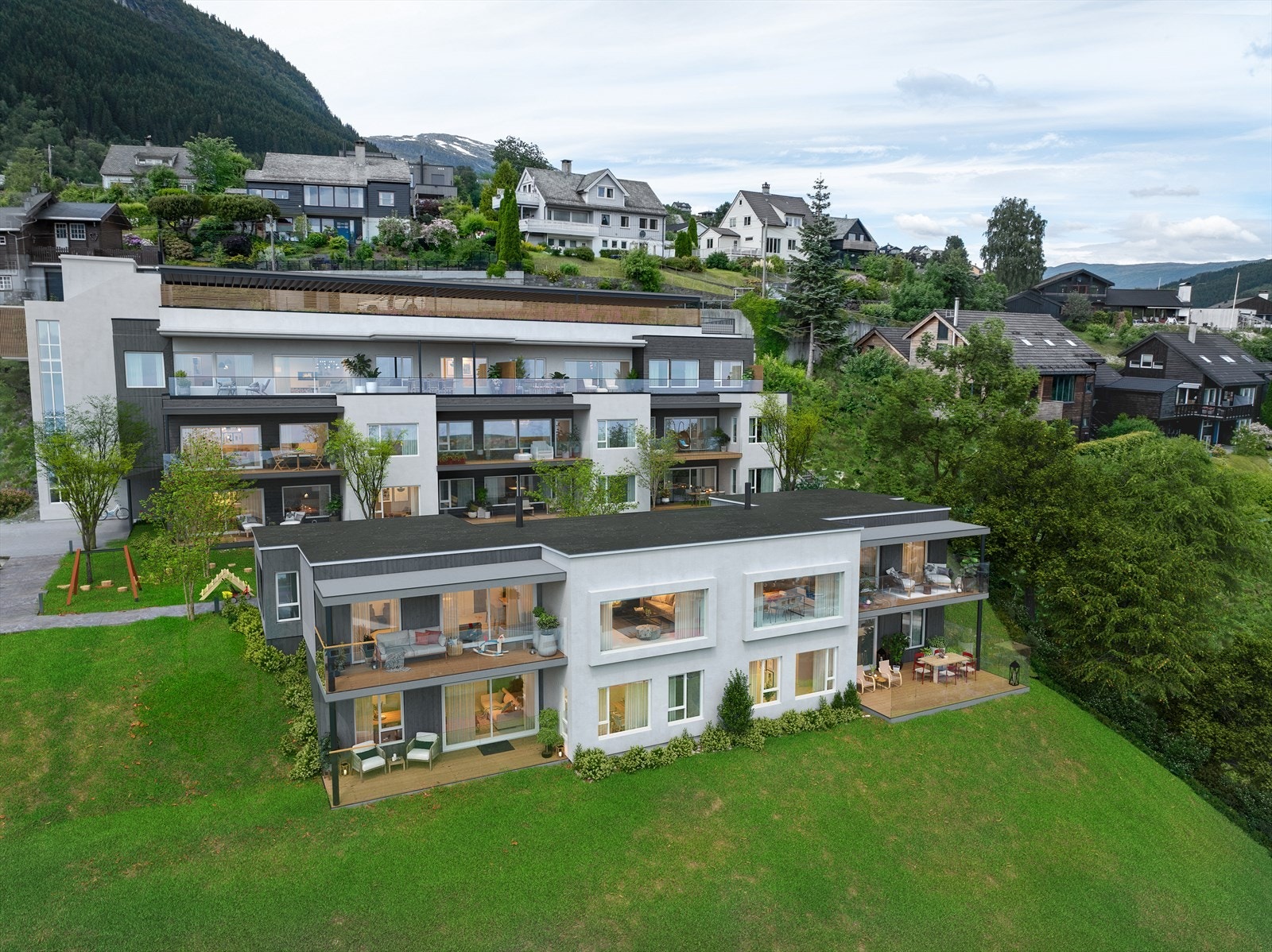 Her kommer 8 nydelige leiligheter og en tomannsbolig i flotte Lundarvegen sentralt på Voss. Dette er en Illustrasjon - Avvik vil forekomme. Galleribilde