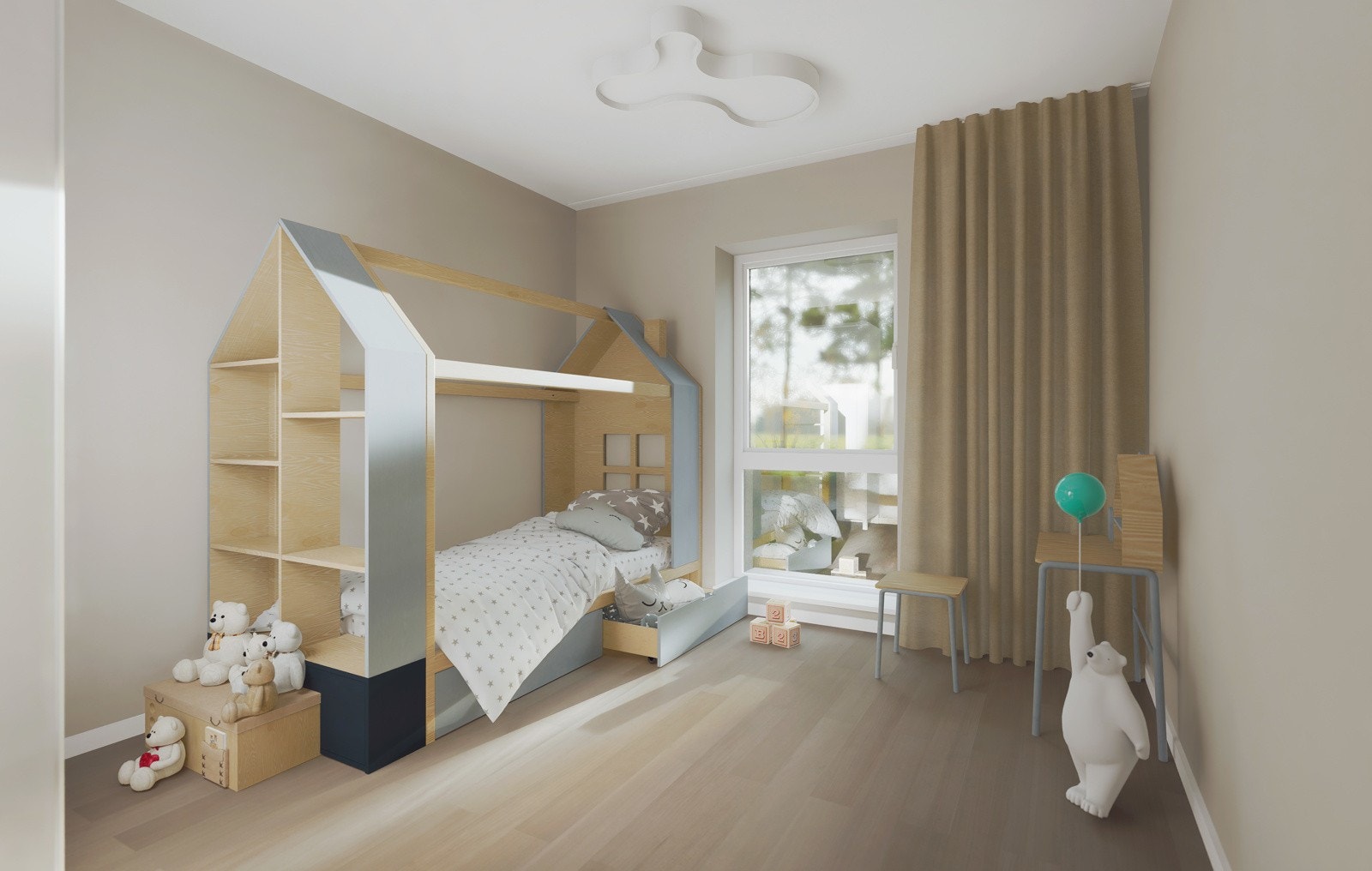 På hvert soverom er det avsatt plass til senger og garderobeskap, og det er også mulighet for garderobeskap i entreen. Galleribilde