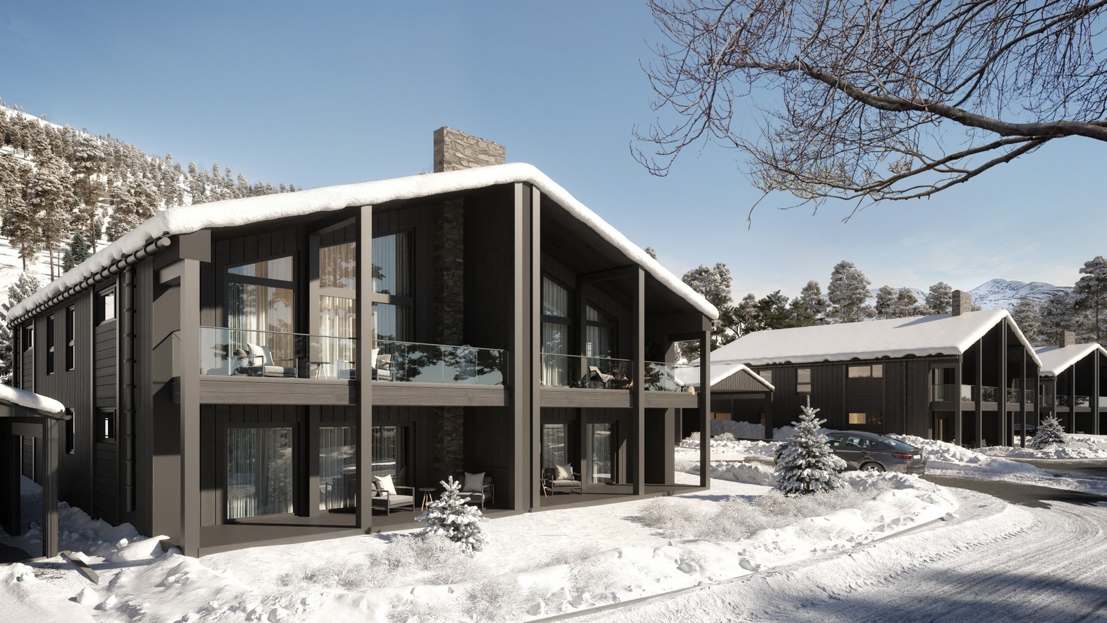 Byggets fremside med overbygde uteplasser. Galleribilde