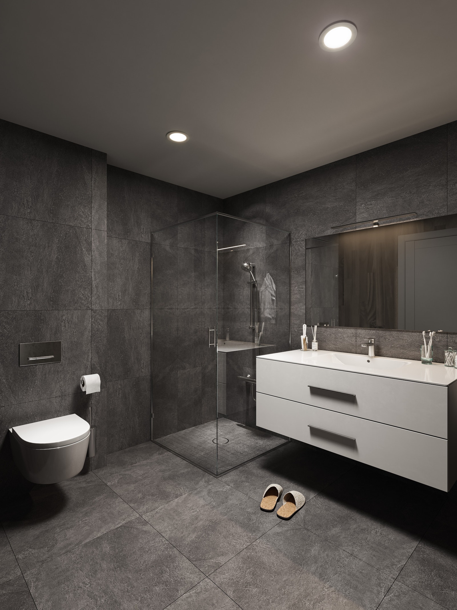 Lekkert bad med kombinasjon av flislagte vegger i våtsonen og panel på øvrige vegger. Galleribilde