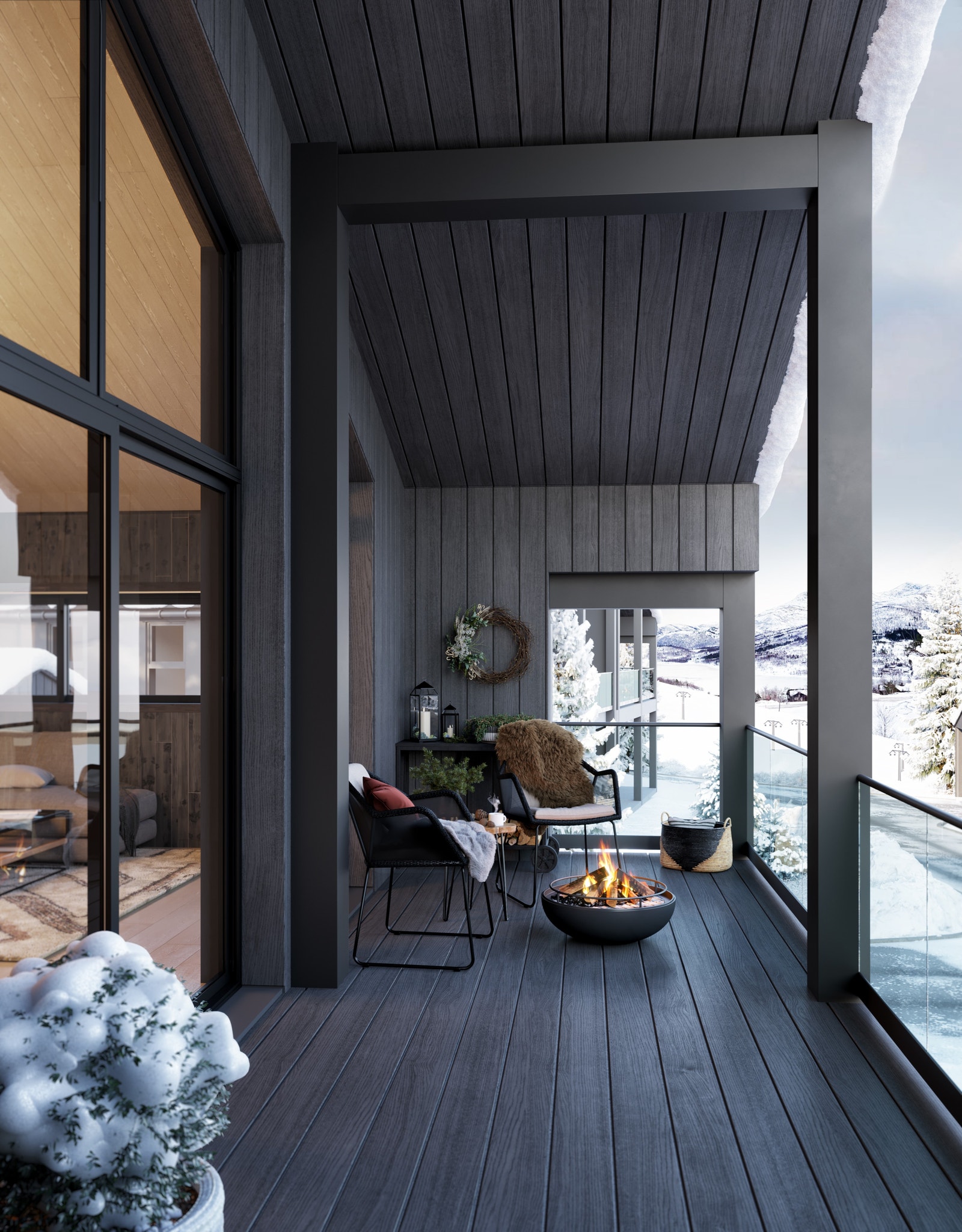 Flott overbygd uteplass. Glassrekkverk gir et eksklusiv preg.Illustrasjonen er fra 2. etg. Galleribilde