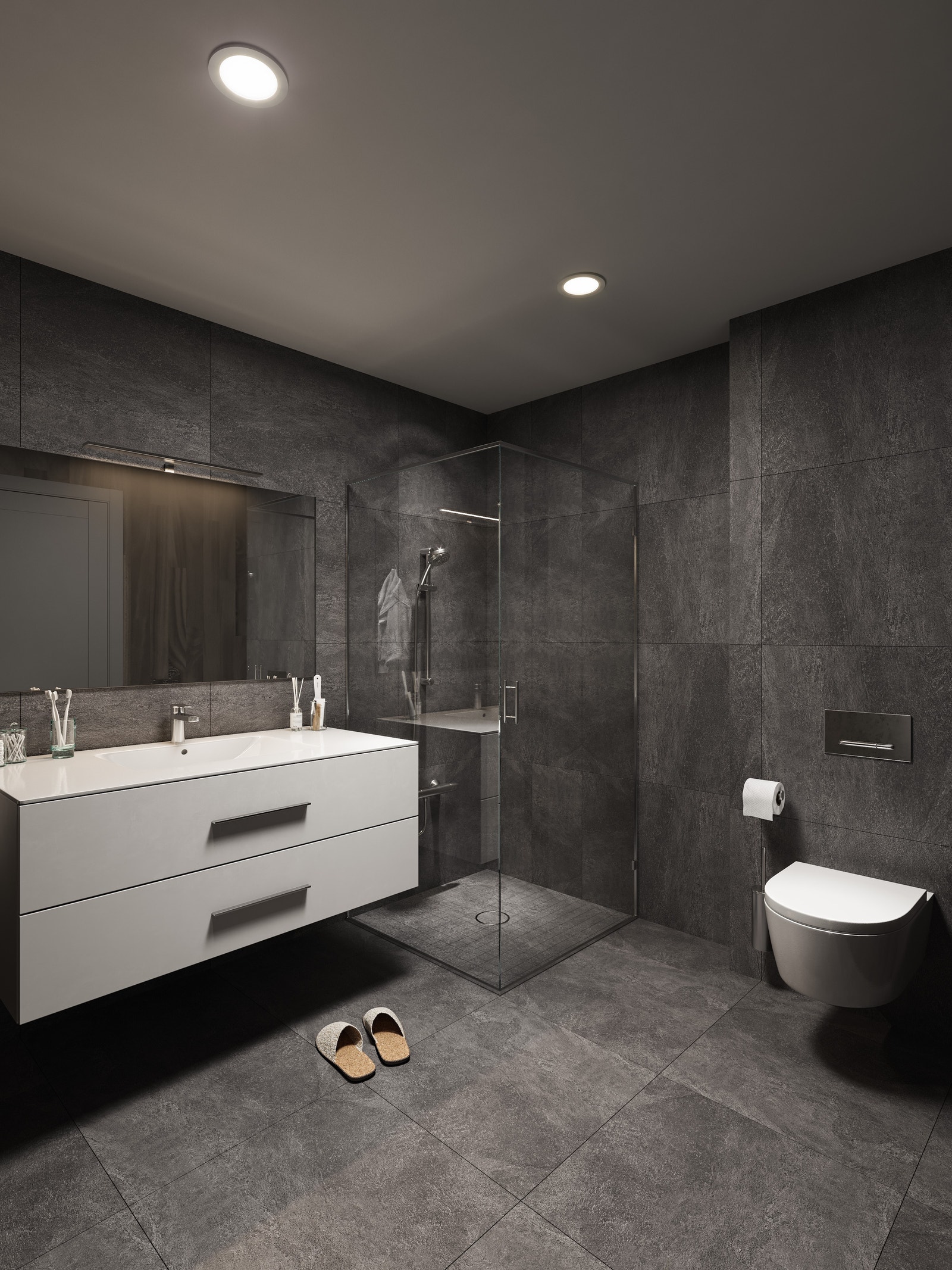 Bad med flislagte vegger i våtsoner i kombinasjon med panel på øvrige vegger. Galleribilde