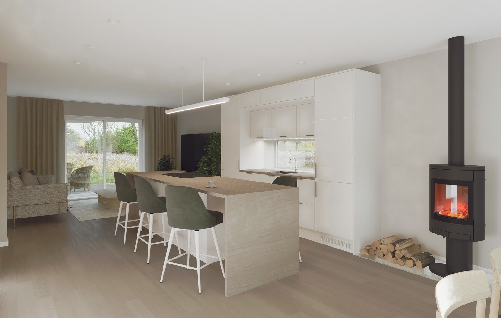 Stue, spisestue og kjøkken blir en sosial, åpen sone, hvor kjøkkenet er sentralt plassert midt mellom stue og spisestue. Galleribilde