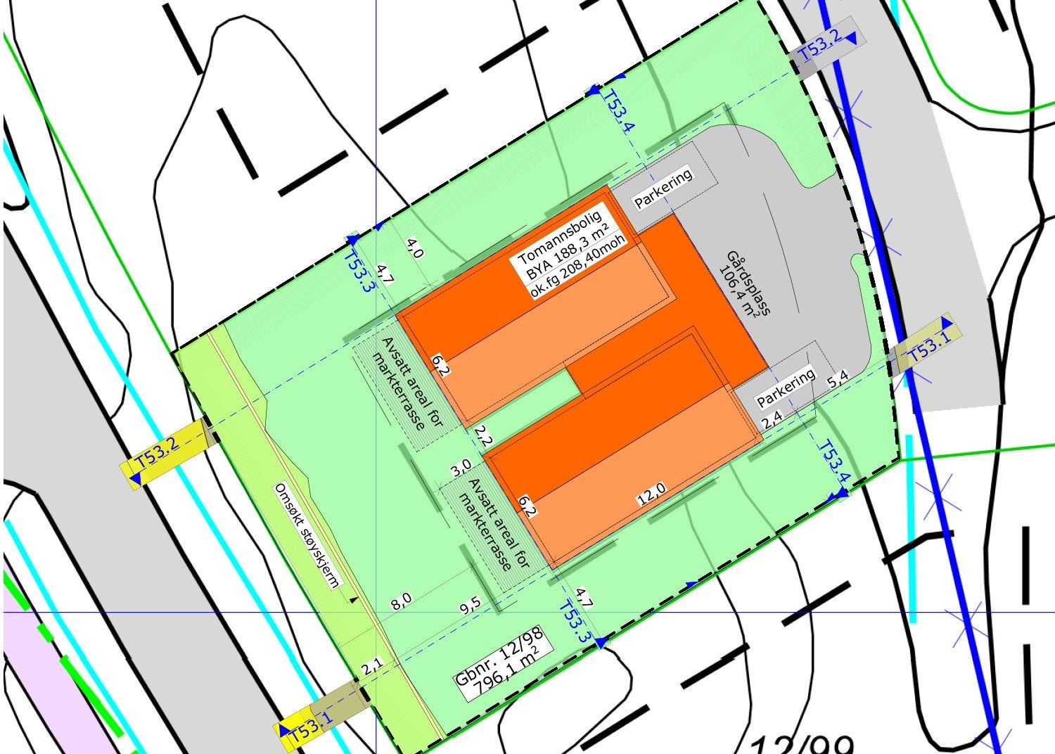 Situasjonskart som viser tomten for begge boligene. Tomt 53. Galleribilde