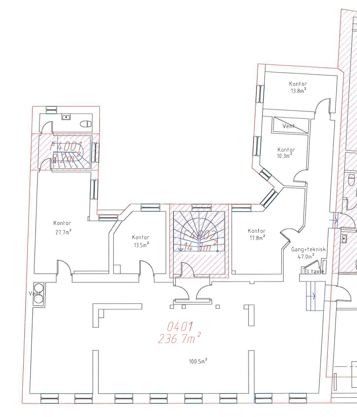 Plantegning som viser kombinert åpent landskap og cellekontorer Galleribilde