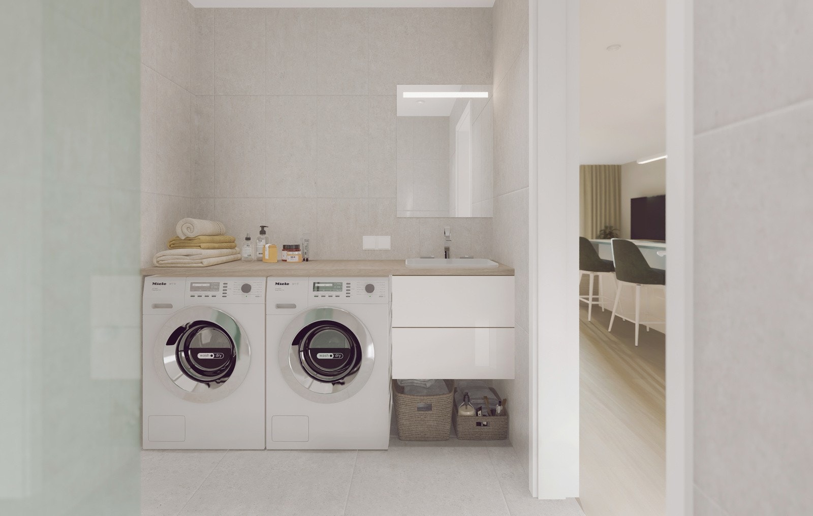 Hver boenhet får to lekre baderom, ett i hver etasje. Begge badene får gulvvarme, downlights, beige veggfliser i størrelsen 30 x 60 cm og beige gulvfliser i størrelsen 60 x 60 cm. Galleribilde