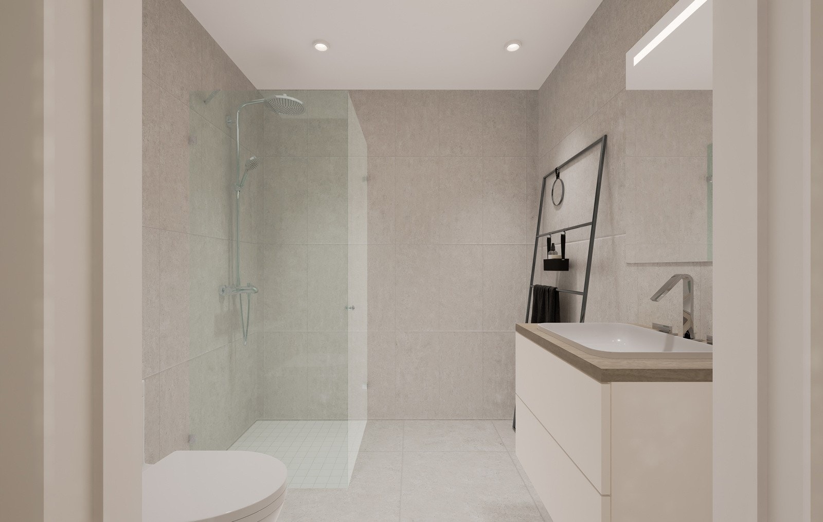 På gulvet i dusjsonen blir det lagt mosaikkfliser i samme farge som gulvflisene. Andre fliser kan eventuelt leveres som tilvalg. Galleribilde