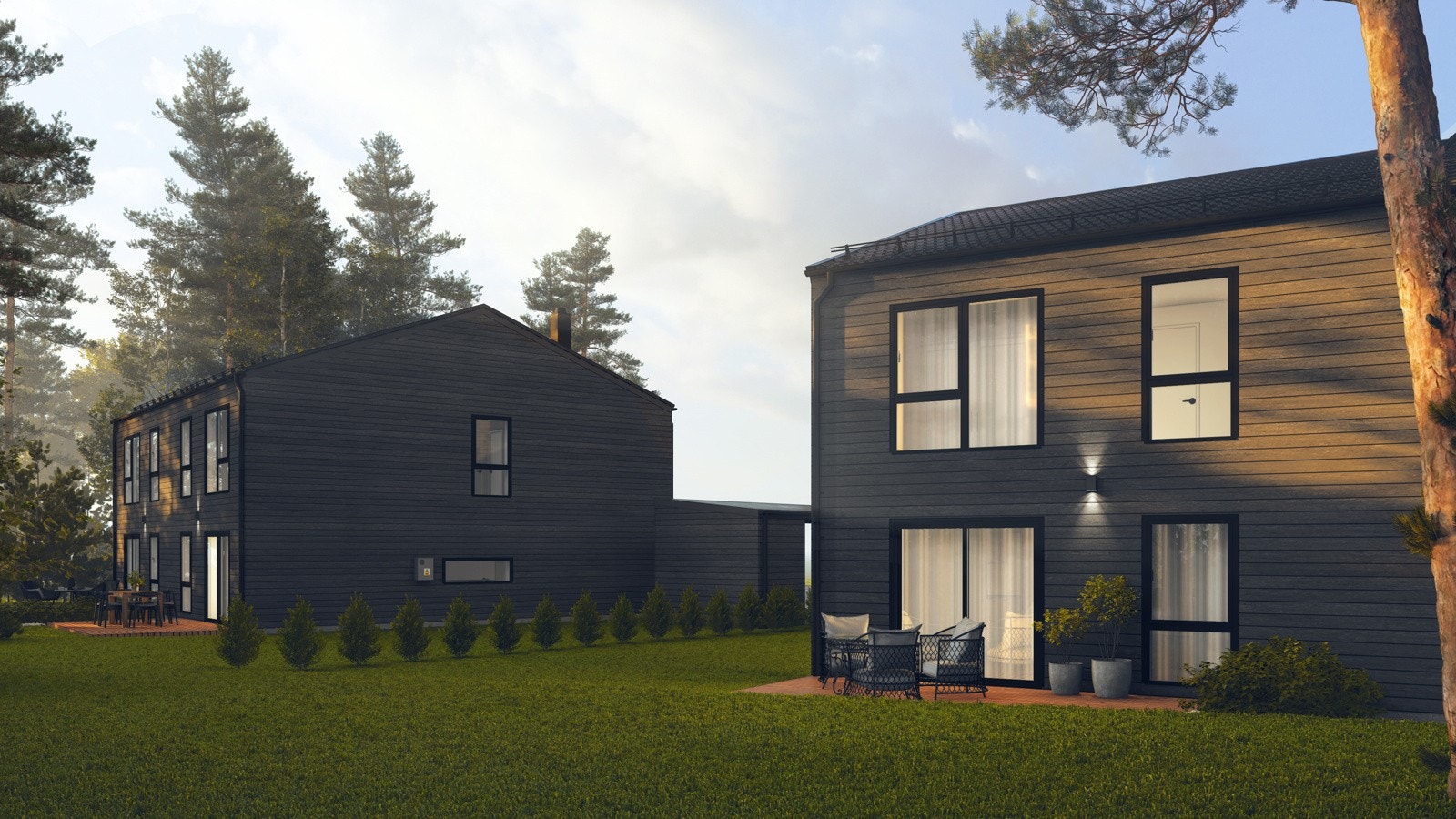 Foran husene får hver enhet en p-plass og en frittstående carport med sportsbod i bakkant. Galleribilde