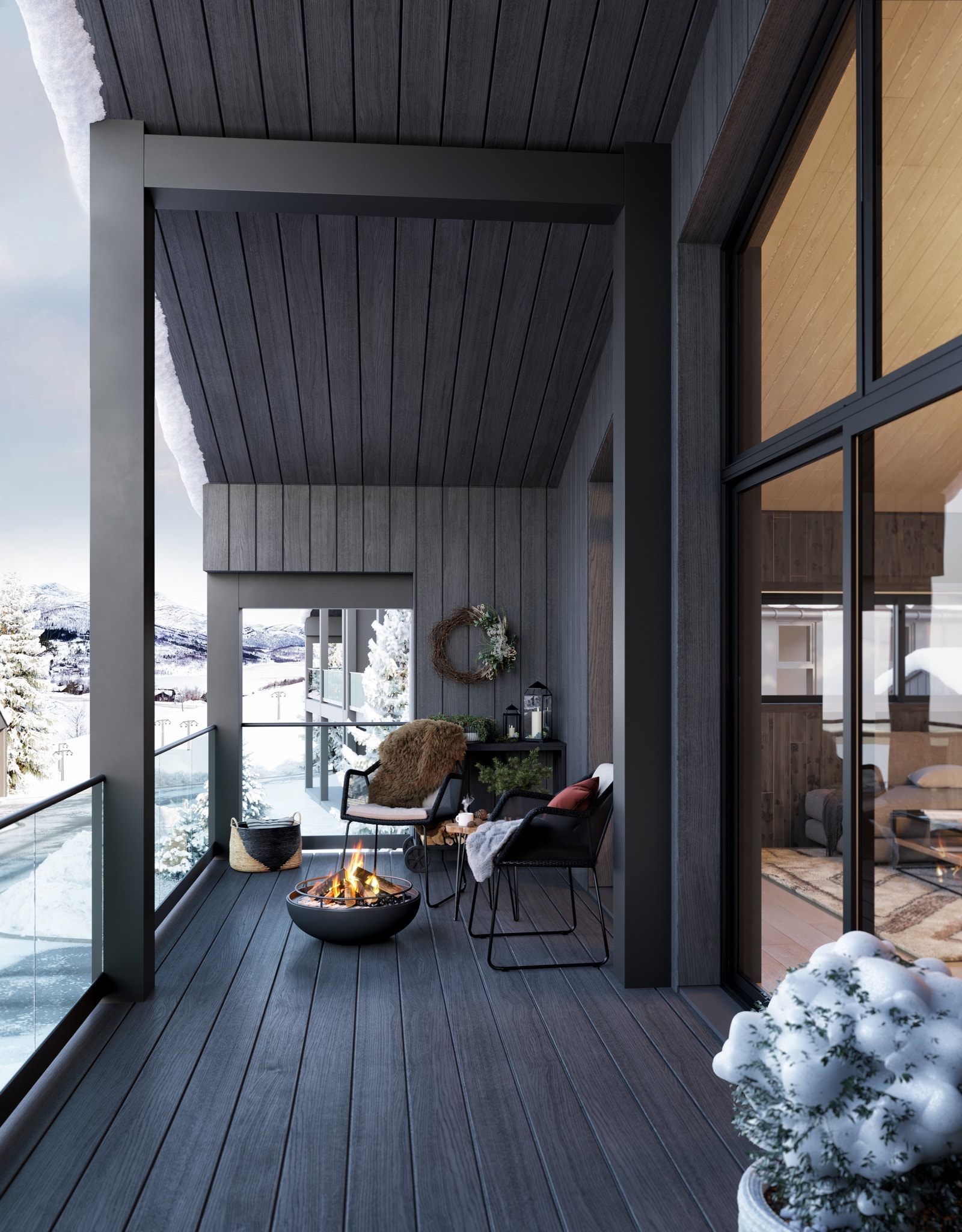 Flott overbygd uteplass. Glassrekkverk gir et eksklusiv preg. Illustrasjonen viser balkong i 2. etg. Galleribilde