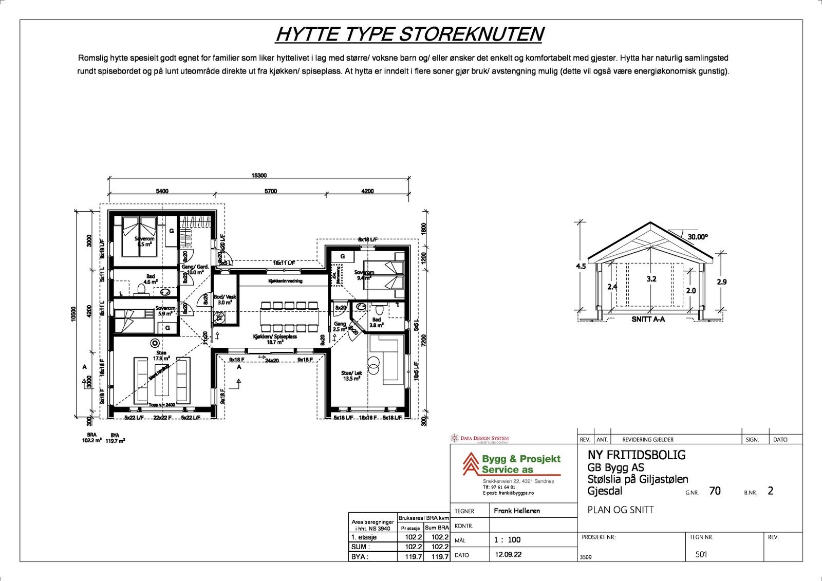 Plan og snitt- Hytte type Storeknuten Galleribilde