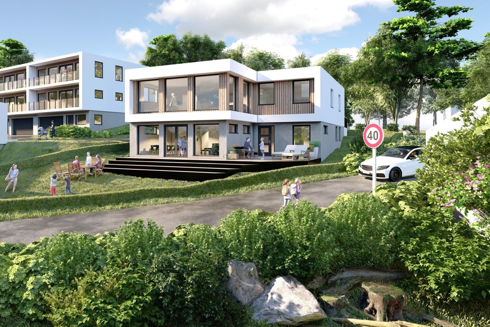 Prosjektert enebolig i funkisstil med dobbelgarasje - 2 hybler - Solrik markterrasse - Utsikt - Landlig, men bynært! Det vil bli satt opp hekk mot veien, men ikke mot nabotomten. Ellers vil det bli sådd gressplen av utbygger. Galleribilde