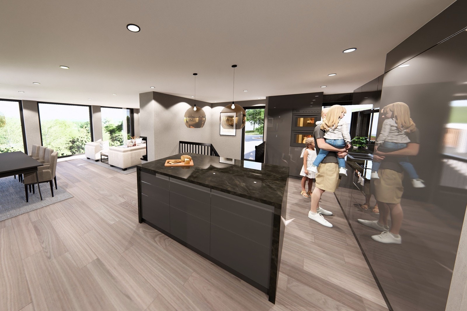 I den ytterste delen av familierommet blir det kjøkken fra Norema i den ene enden og plass til sofagruppe i den andre enden. Illustrasjonsbilde Galleribilde