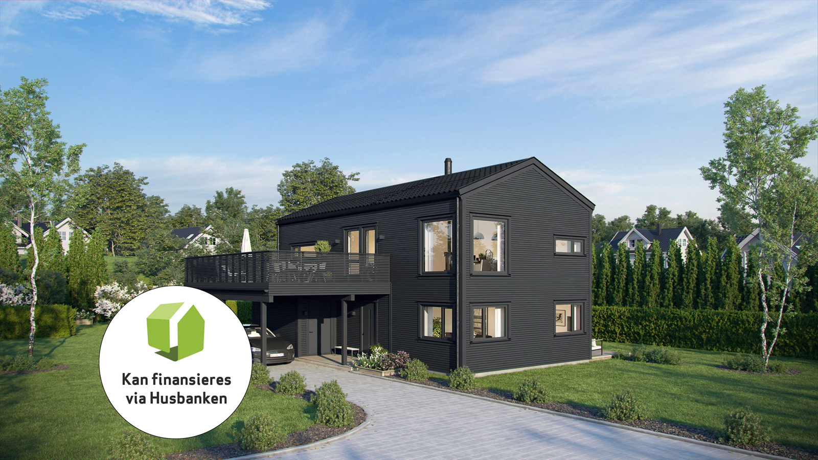 Illustrasjon av husmodellen i sort utførelse i kommende boliger med kundetilpassede tilvalg/endringer Galleribilde