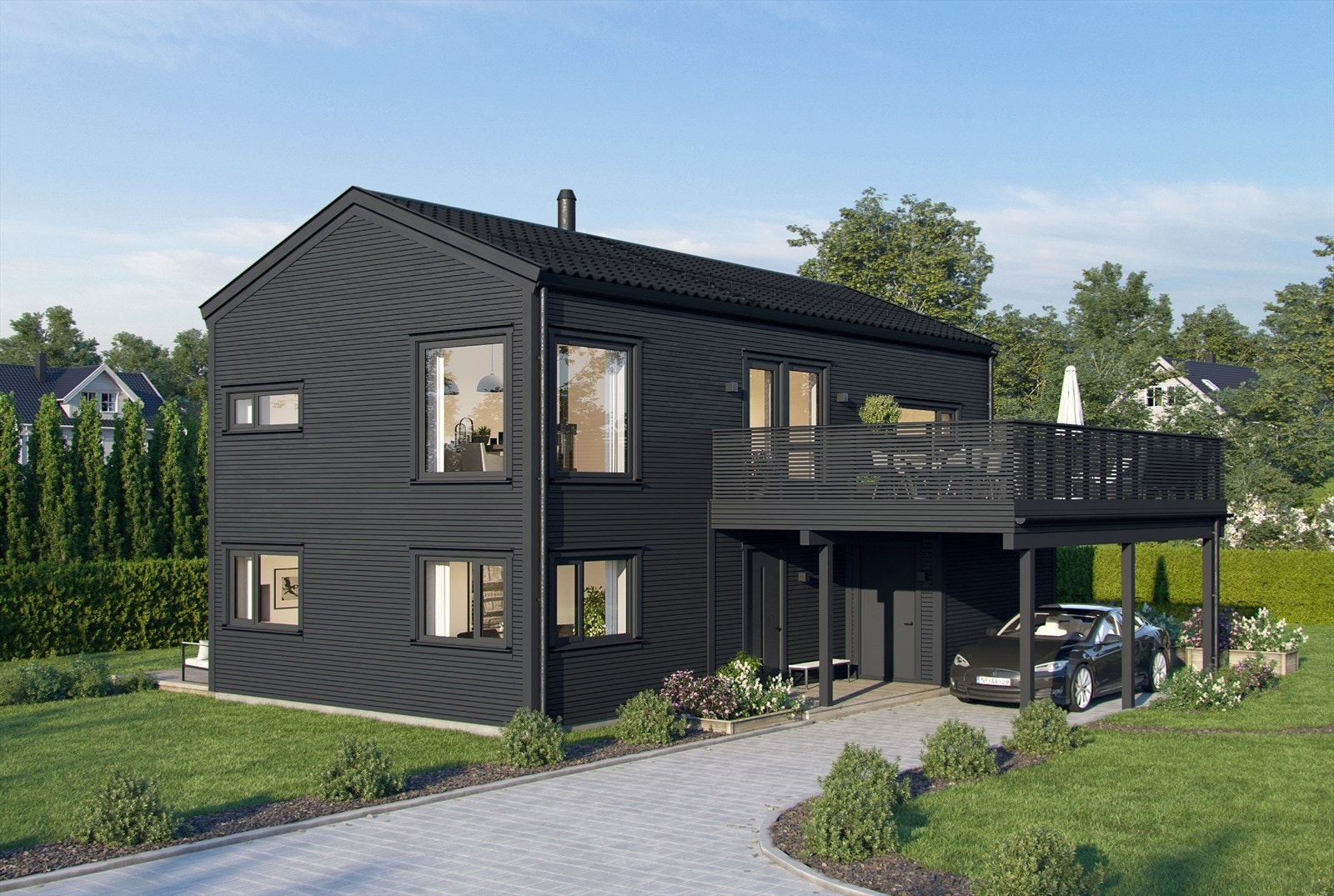 Illustrasjon av husmodellen i sort utførelse i kommende boliger med kundetilpassede tilvalg/endringer Galleribilde