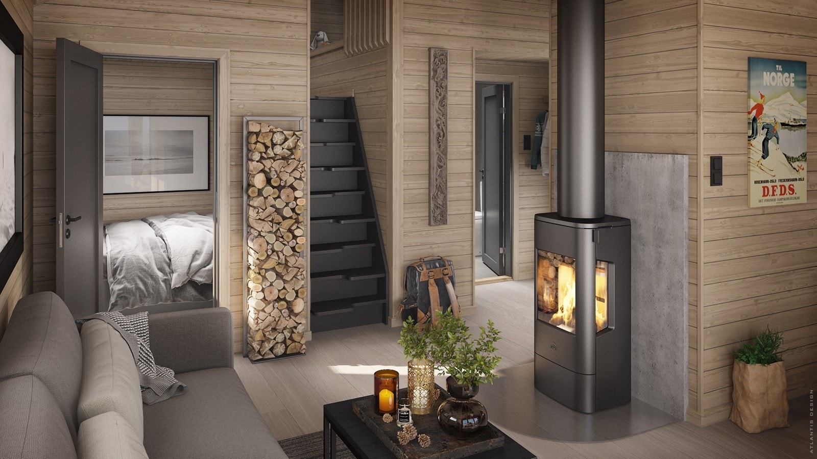 Her ser du hovedplanets soverom, og trappestigen opp til den senkede hemsen. Bakerst skimtes badet. Galleribilde