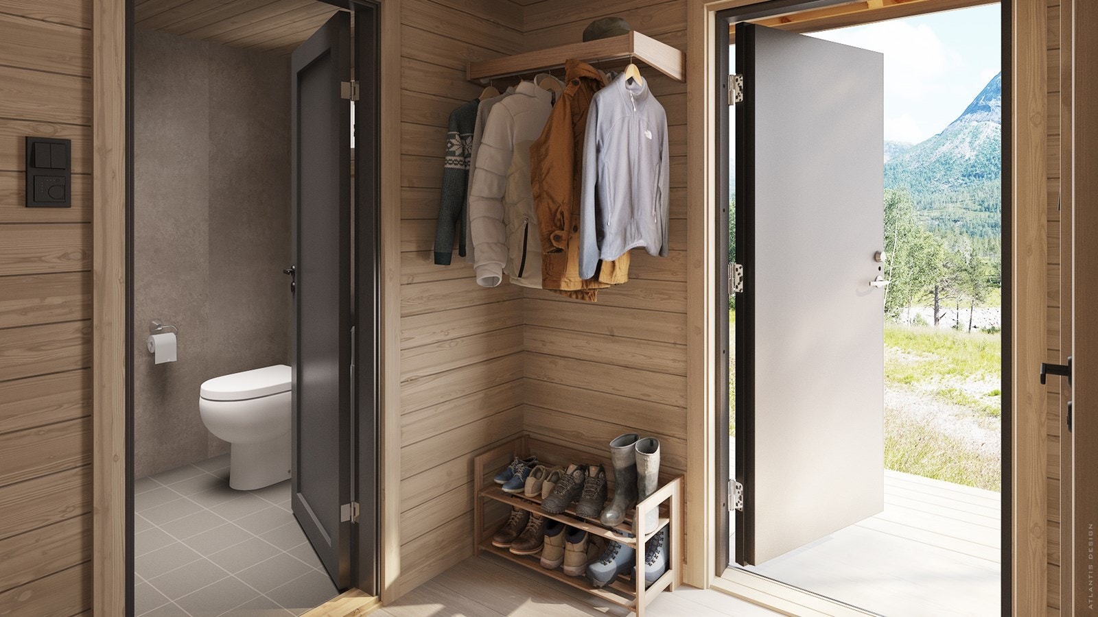 Badet ligger like innenfor ytterdøra. En praktisk løsning, siden mye av hyttelivet foregår utendørs Galleribilde