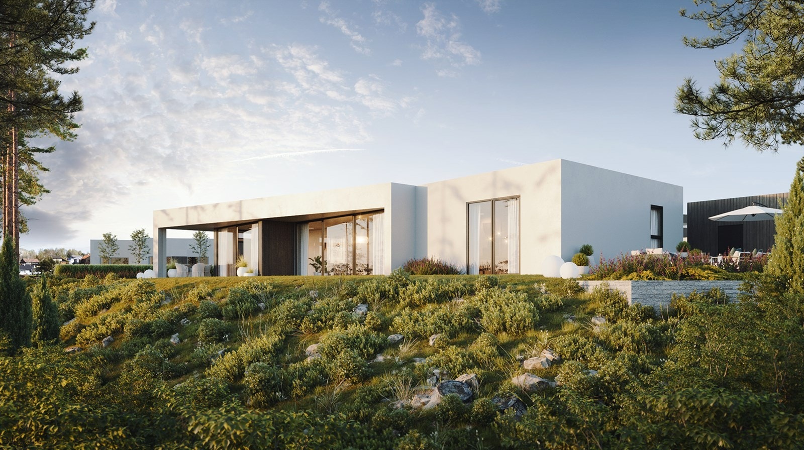 Eneboligene får moderne arkitektur, stramme linjer, store vindusflater og eksklusive kvaliteter - illustrasjon. Galleribilde