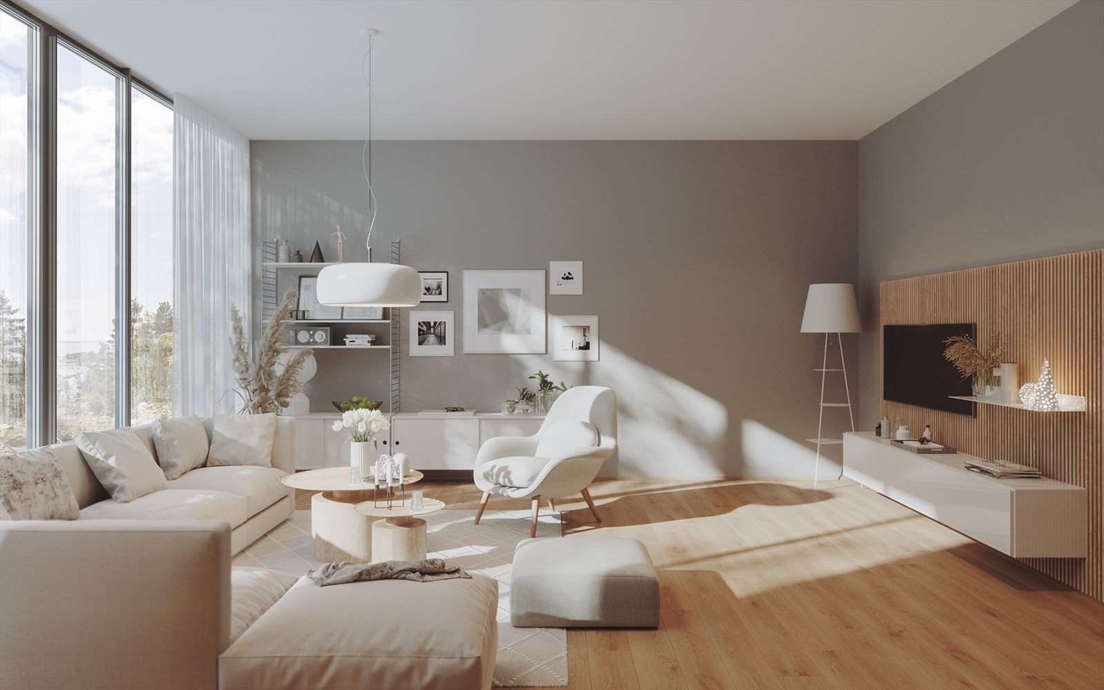 Vinduene er trukket litt inn for å få naturlig skjerming mot sol, samtidig som en får inn sol og varme på vinteren - illustrasjon. Galleribilde