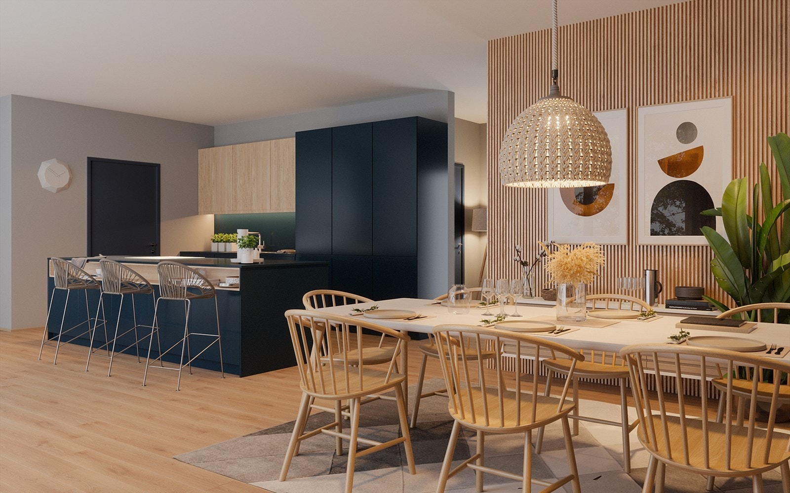 Alle eneboligene har lekkert moderne kjøkken med god spiseplass til familie og venner - illustrasjon. Galleribilde