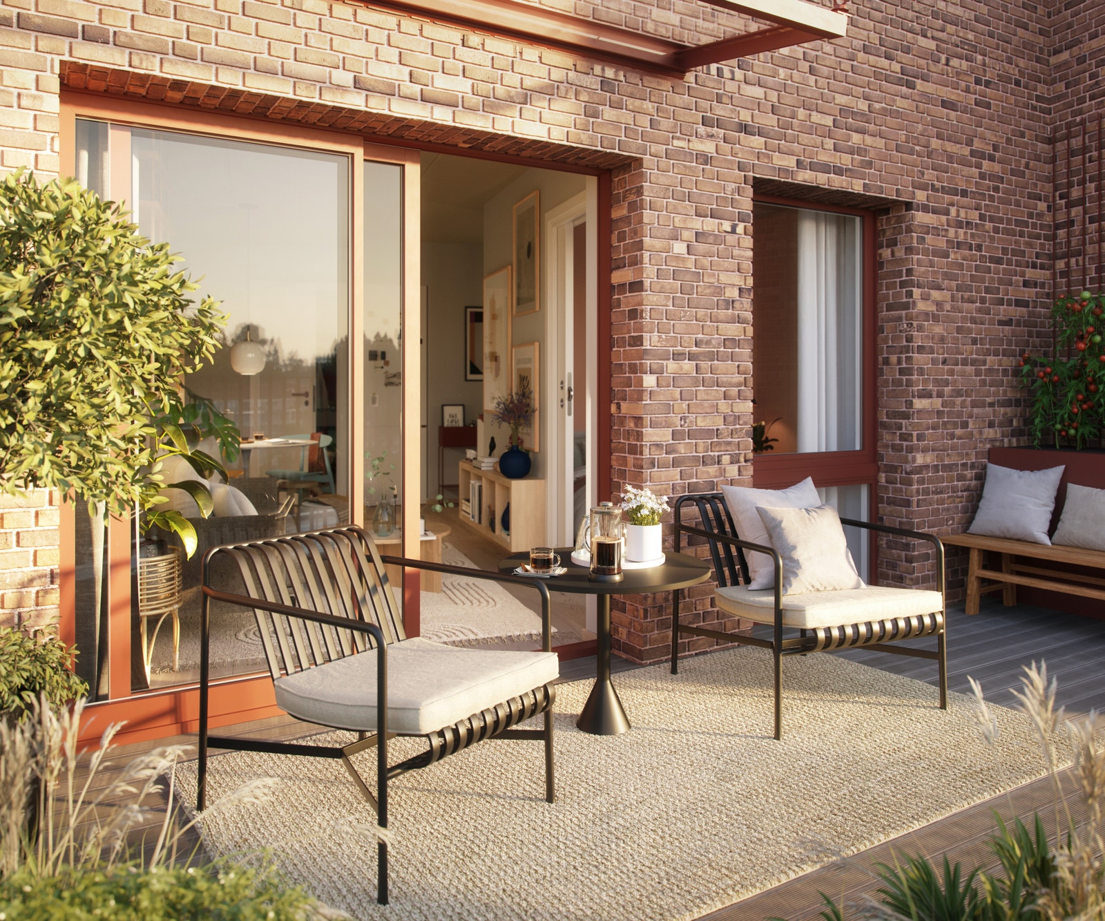 Fra stuen er det utgang til balkong på ca. 7,7 kvm. Kun ment som illustrasjon. Illustrert fra en annen bolig i prosjektet og avvik vil forekomme. Galleribilde