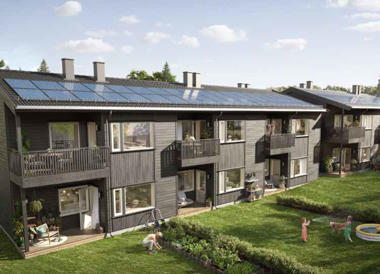 Boligene på Damlivegen er smarte, grønne og fremtidsrettede leiligheter. Byggene leveres med solcelleanlegg m.m. Galleribilde