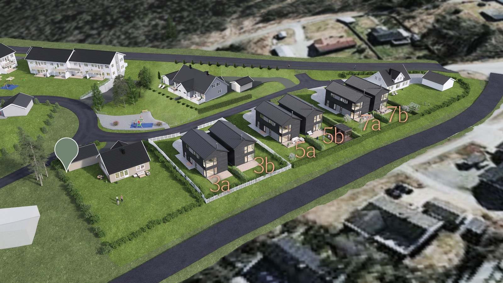 Illustrasjon av de 6 boligene i feltet. Galleribilde