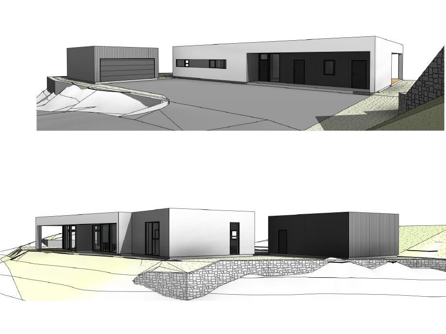 Moderne enebolig med rene linjer og romslig tomt, beliggende i naturskjønne omgivelser. Perfekt for dem som verdsetter design. Illustrasjon. Galleribilde