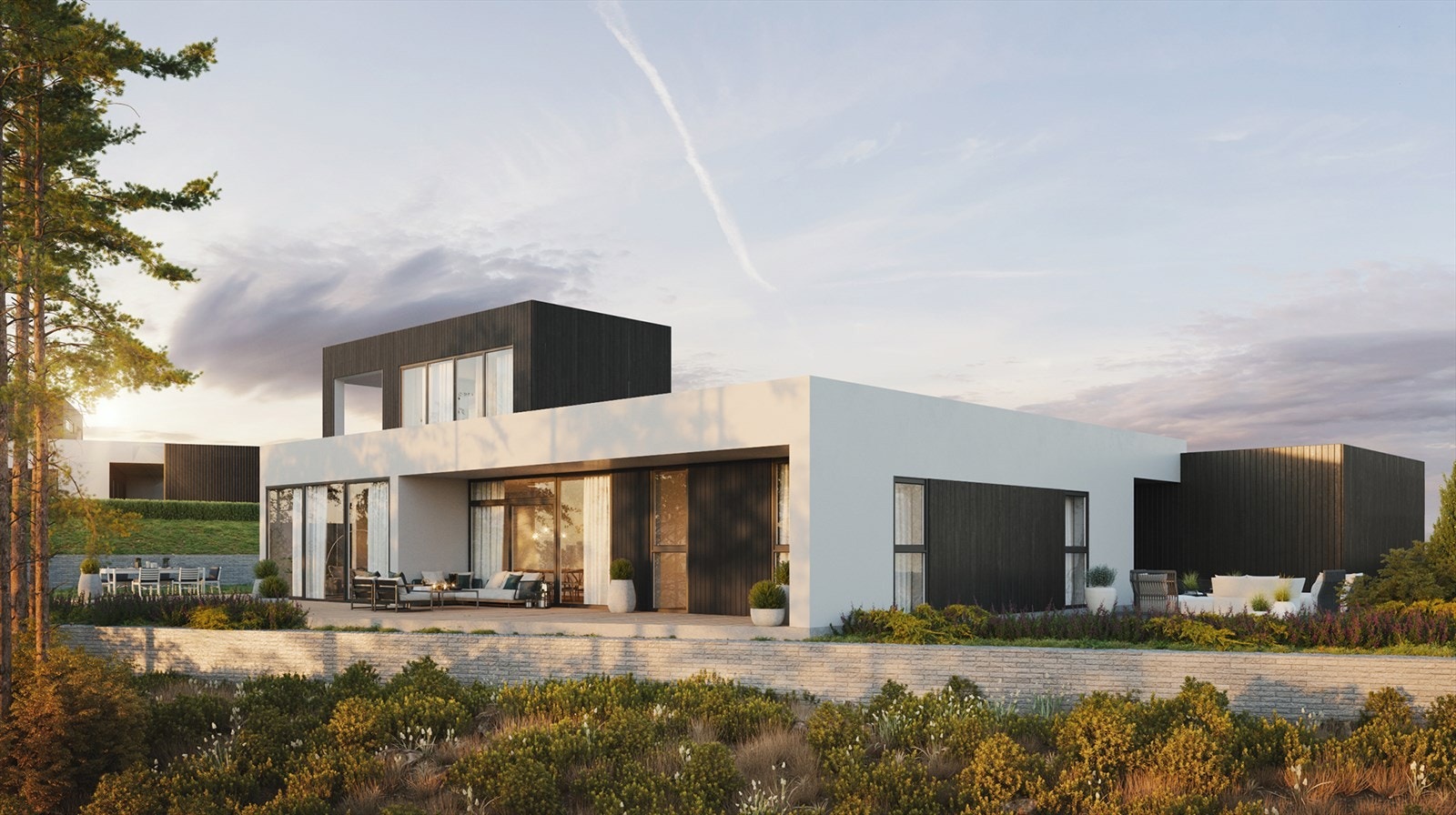 Moderne enebolig med fantastisk utsikt, store uteområder og stilrent design, beliggende i et rolig og naturskjønt område. Illustrasjon. Galleribilde